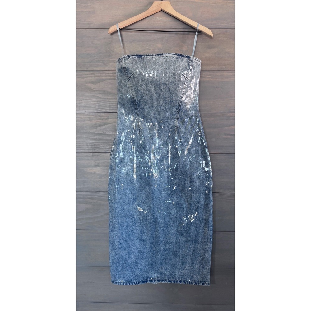 GRLFRND Sequin Strapless Denim Midi Dress Light Wash Blue GF4576-S24 Size Medium - Picture 4 of 8